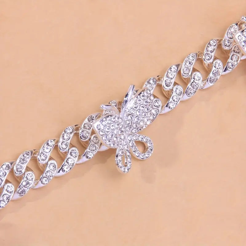 2 PCS Bling Bling Butterfly Claw Cuban Chain Anklet Inlaid Shiny Rhinestone Animal Theme Hip Hop Style Ankle Bracelet Gift For Women Girls