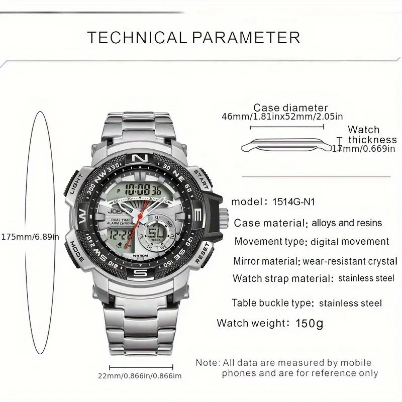 Men'S Golden-Tone Sports Watch with Stainless Steel Band, Dual Display (Analog & Digital), Alarm Clock, Stopwatch, and Glow Feature - Versatile Multifunctional Electronic Watch for Casual or Active Wear