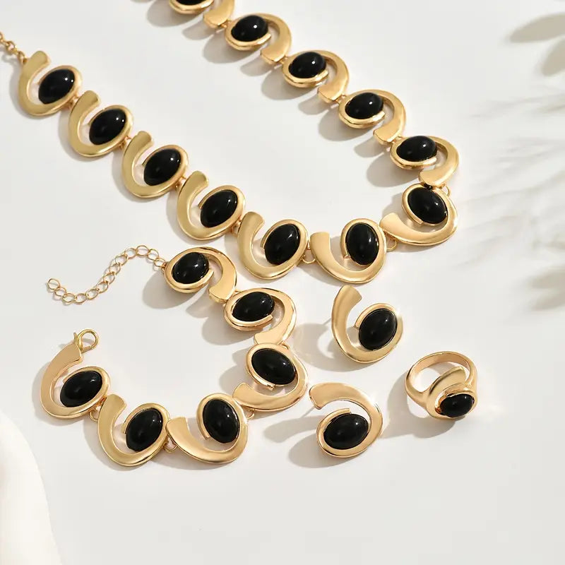 4pcs/set Women's Fashion Simple Necklace Earrings Bracelet Ring Set Geometric Oval Black Acrylic Inlaid Spiral Splicing Beaded Pendant Necklace Bracelet Ear Stud Ring Bohemian Style Spiral Design Jewelry Set