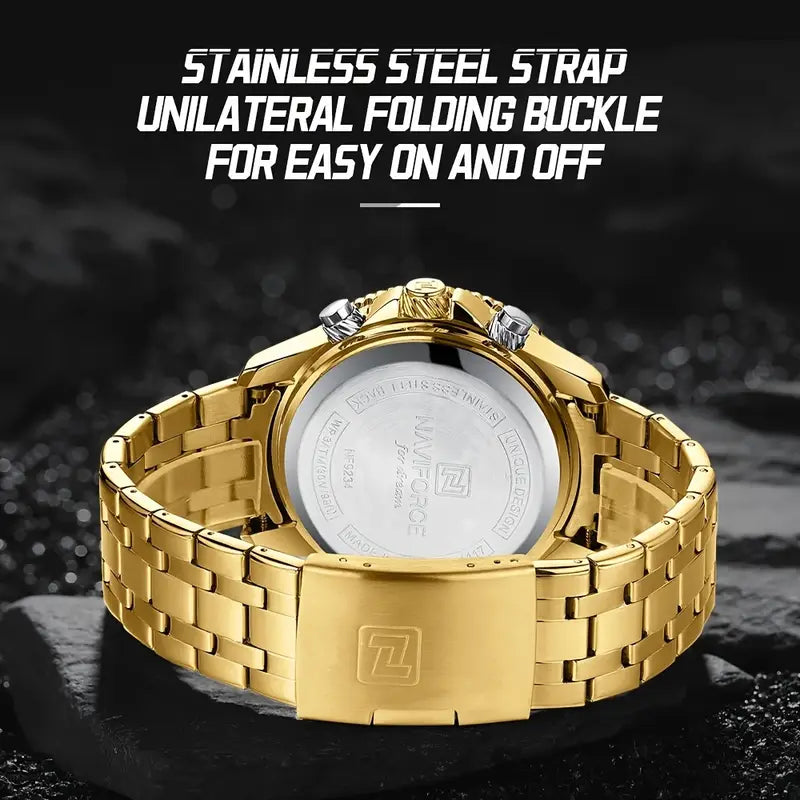 NAVIFORCE Fashion Brand Black Golden Men Watch Fashion Luxury Quartz Wrist Watches Sport 3ATM Waterproof Stainless Steel Strap