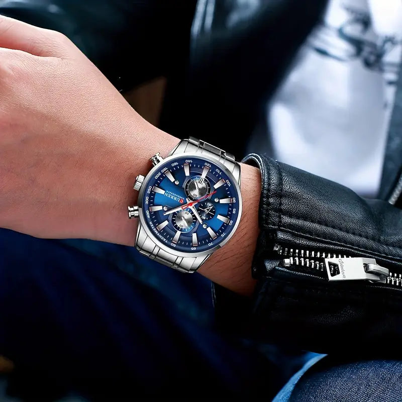 The CURREN Fashion Sports Chronograph Watch Features A Date And Luminous Hands, With A Large Dial Quartz Wristwatch.