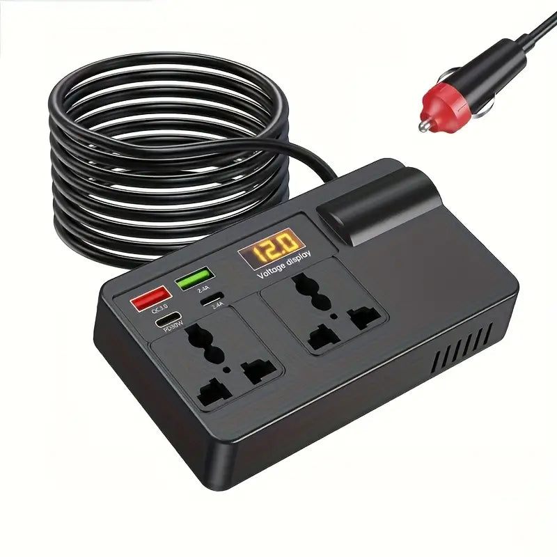 Car Electronic Device Universal Fast Charger with LED Display and 4 USB Ports, Vehicle Inverter Converter Plug 12V/24V to 220V Power Socket, Portable Power Adapter, Essential for Travel