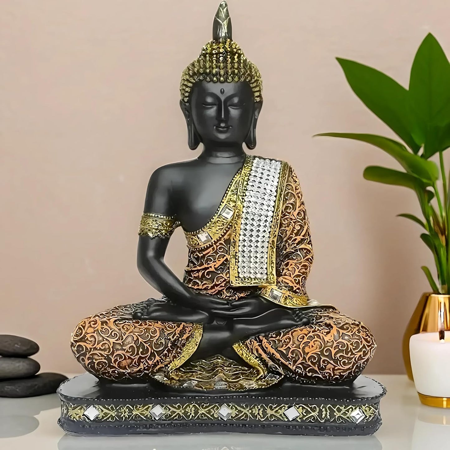 Global Grabbers New 25 Centimetre Meditating Sitting Buddha Statue showpiece Idol Home Decor Items for Living Room and Gifts (1, Orange Black)