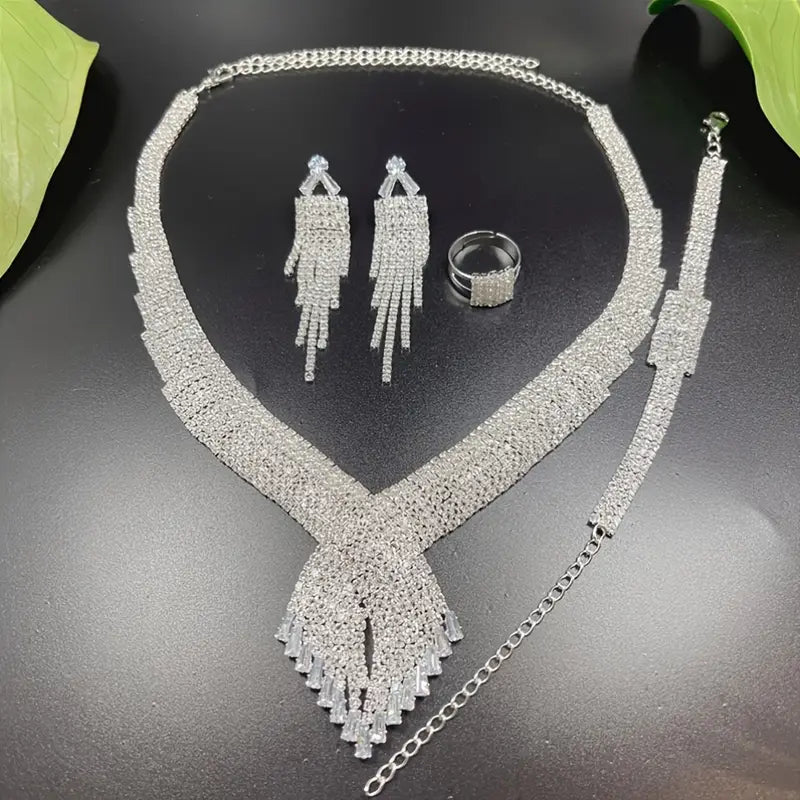 Shimmering Jewelry Set with Artificial Crystals And Sparkling Gemstones, Full Flash Luxury Necklace, Bracelet, Ring, And Earrings Set, Party Banquet Wedding Jewelry