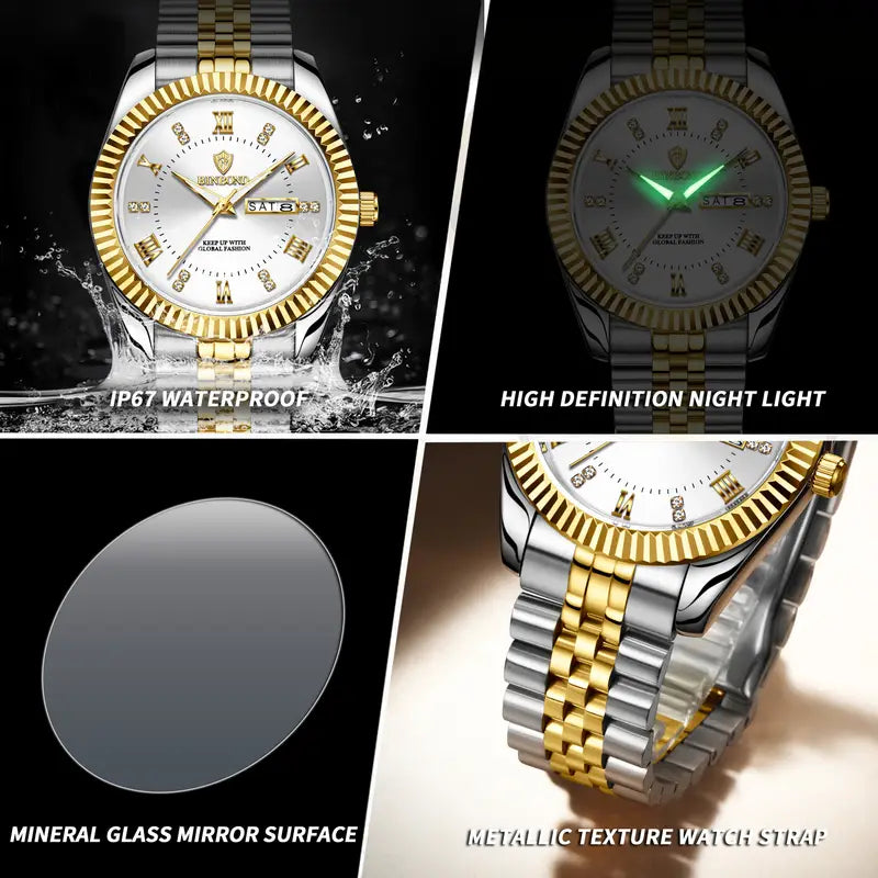 Men'S Casual Business Calendar Watch with Luminous Hands, Golden-Tone Alloy Case & Stainless Steel Strap - Waterproof, Battery-Powered, Date Display, Business Casual Wear|Luxurious Watch|Durable Watch