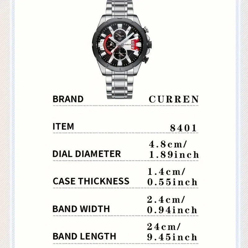 CURREN Men's Stainless Steel Chronograph Watch with Luminous Hands, Black Dial & Red Accents, Sporty Design, Date Display, Quartz Movement, Adjustable Crown, Perfect for Casual or Active Wear, Casual Timepiece | Luminous Hand Watch | Zinc Alloy Case