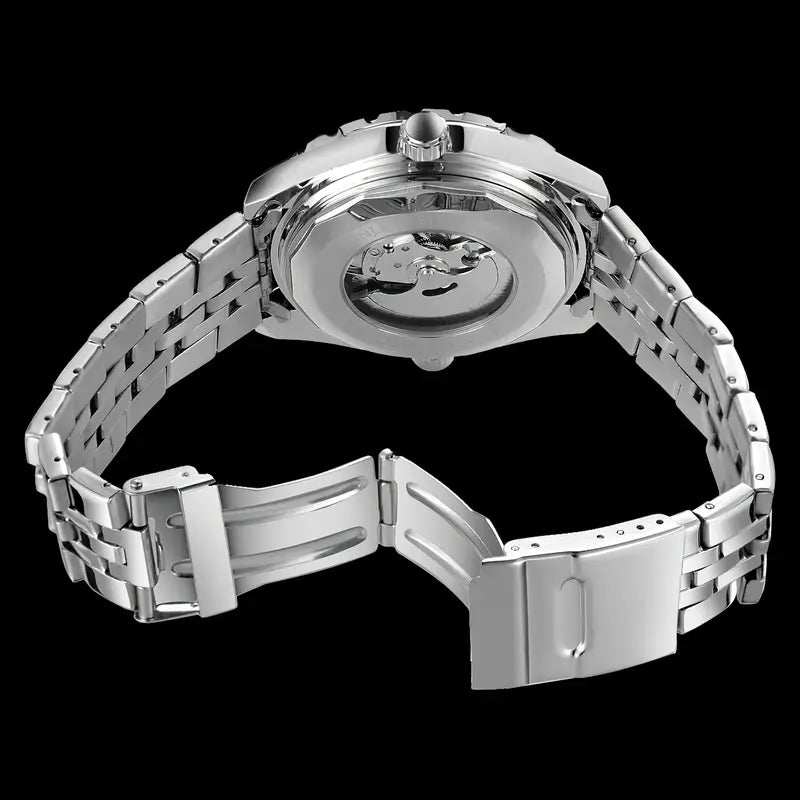 Men'S Fashion Sports Transparent Hollow Automatic Mechanical Watch Luminous Pointer Silveryy Luxury Stainless Steel Strap Business Casual Wristwatch Anniversary Birthday Holiday Gift, Without Battery