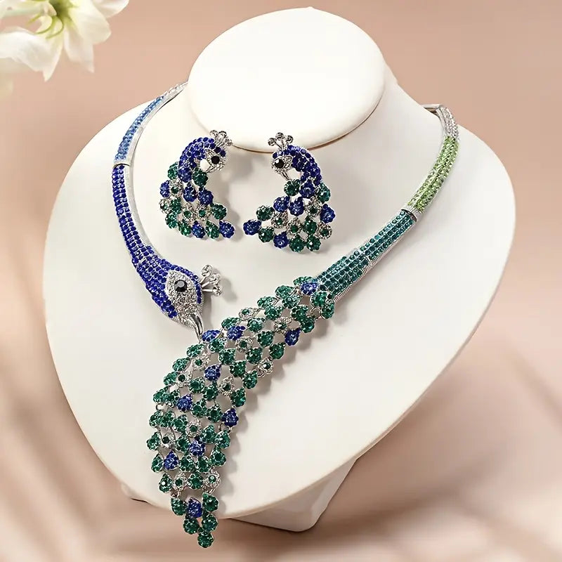 Beautiful Jewelry Set with Peacock Earrings and Necklace Suitable for Banquets and Valentine's Day Gift