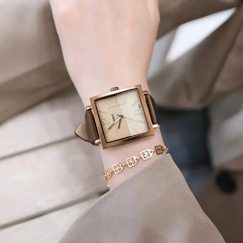 LIEBIG Women's Large Square Quartz Watch Fashion Analog Classic PU Leather Wrist Watch