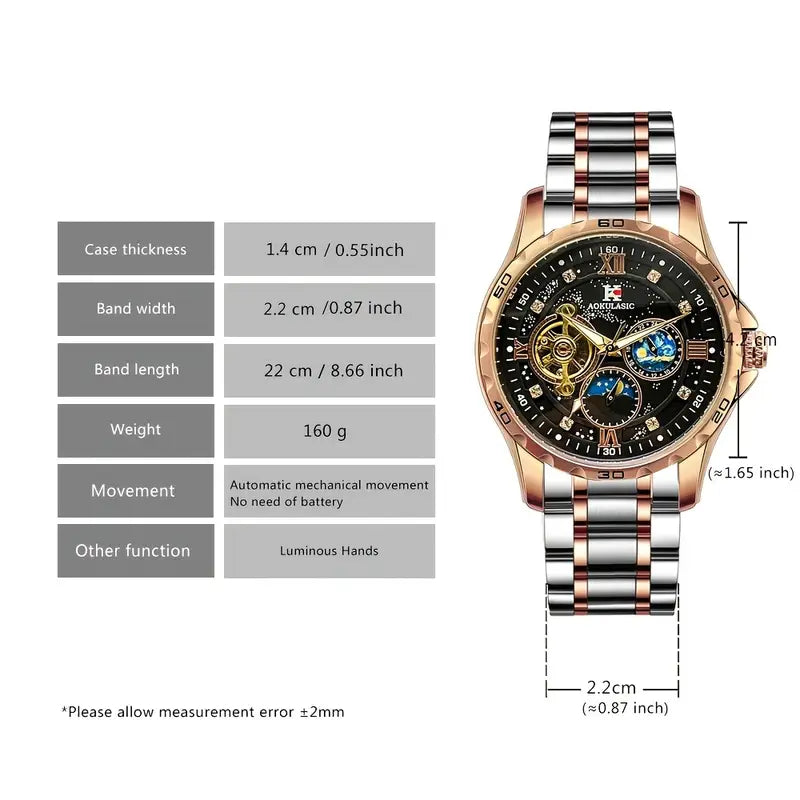AOKULASIC Men Fashion Tourbillon Skeleton Automatic Mechanical Watch Rose Golden Case Iced Out Starry Sky Luminous Dial Top Brand Stainless Steel Strap Business Casual Mens Watches Christmas New Year Thanksgiving Day Festival Birthday Gifts