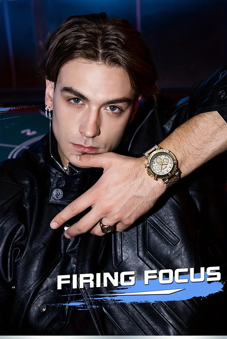 Stainless Steel Band, Nightlight, Stopwatch, Calendar, Round Dial, Golden & Black Design, Perfect Gift