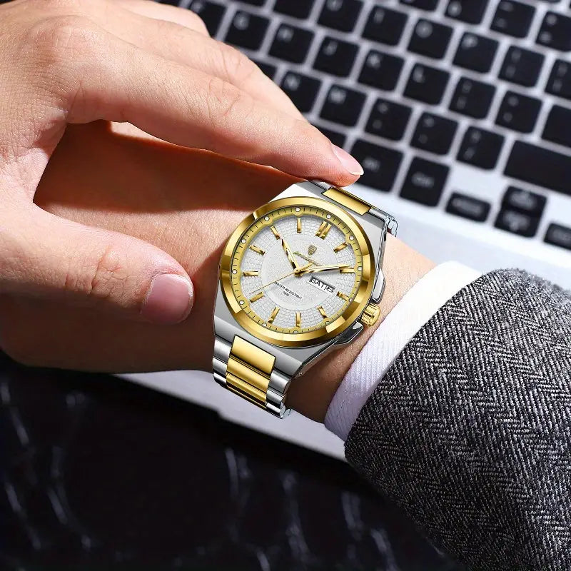 POEDAGAR Light Luxury Steady Handsome Men's Watch Fashionable Simple Sturdy Precise Youth Men's Watch Social Workplace Wear Waterproof Calendar Cycle Display Stainless Steel Quartz Watch