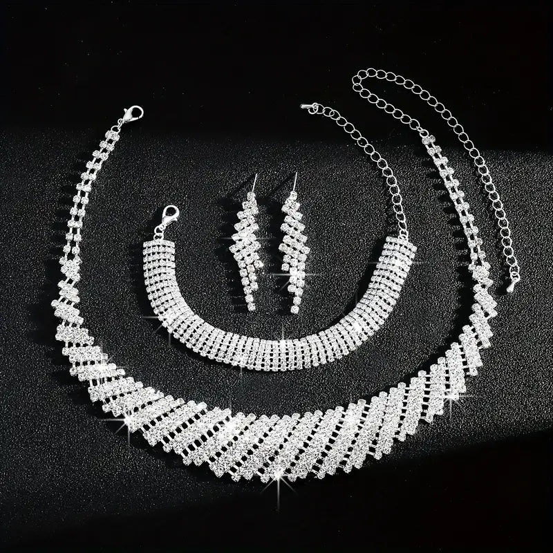Middle Eastern Geometric Irregular Luxury Rhinestone Necklace Bracelet Earrings Three-piece Set Bridal Accessories
