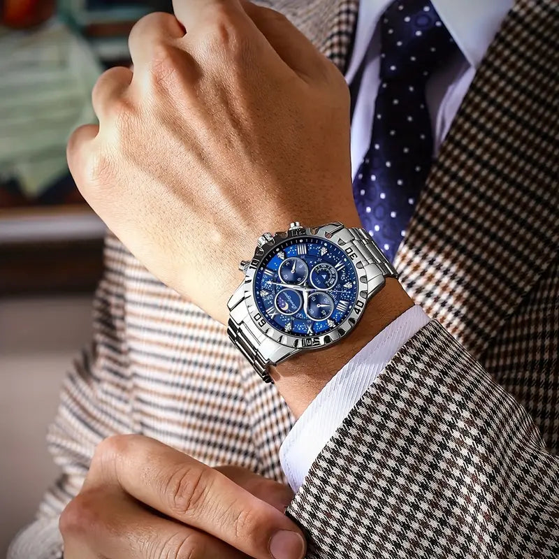 POEDAGAR 's Sporty Chronograph Watch - Luminous High Quality Stainless Steel Quartz Wristwatch with Date Calendar, Black Dial & Golden Markers for Casual & Formal Wear, Luxury Gift Item