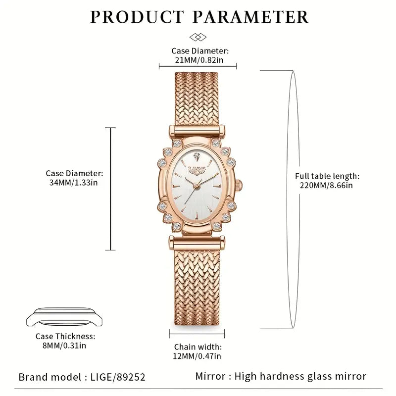 LIGE Elegant Women'S Quartz Watch - Golden Silvery Bracelet, Classic Oval Dial Minimalist Dial for Everyday & Formal Wear - Luxury Watch Gift for Men/Women Birthday, Anniversary, Wedding occasions