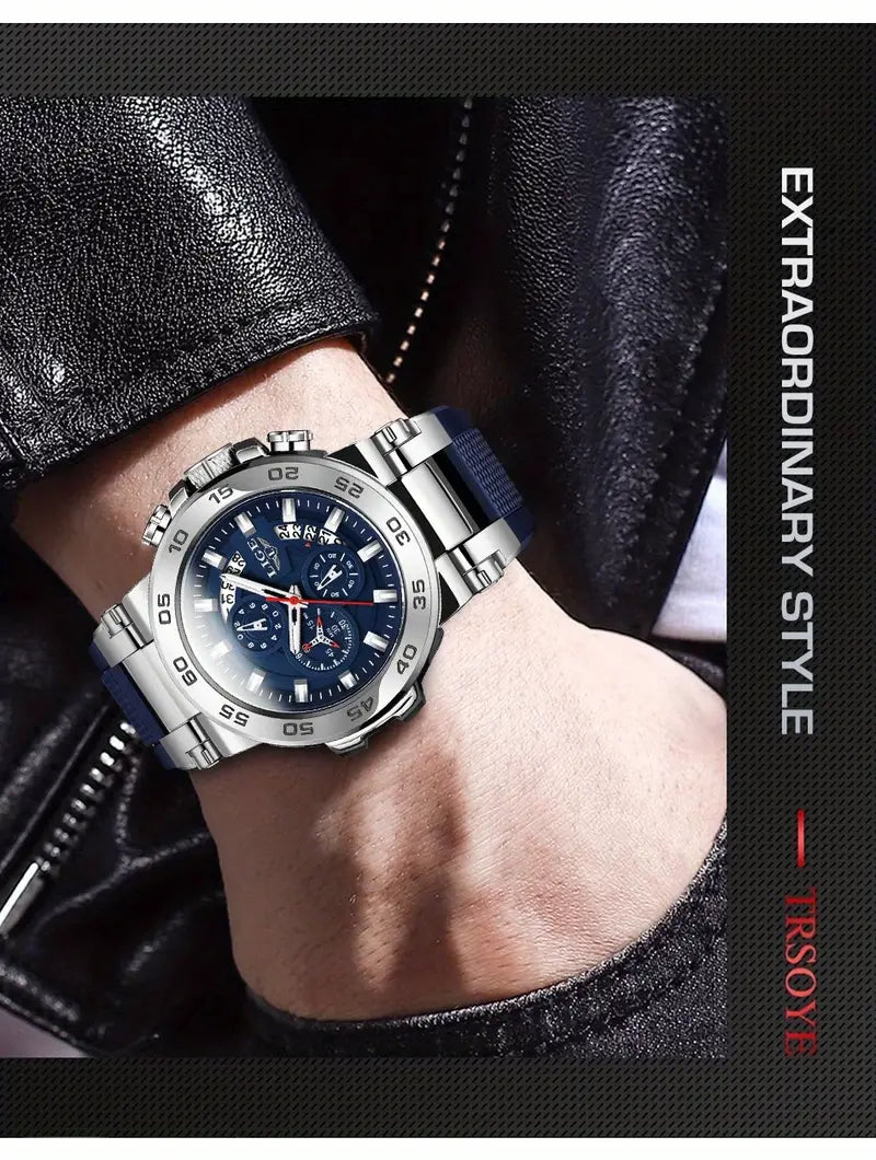 LIGE Men's Elegant Quartz Watch - Blue Dial, World Time, Stopwatch, Alarm, Silicone Strap, Zinc Alloy Case, Business Casual Style, Perfect Holiday Gift for Him, Versatile Wristwatch | Luminous Markers Watch | Silicone Strap Watch