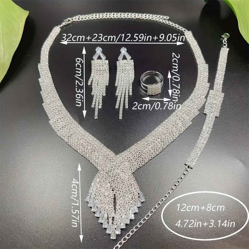 Shimmering Jewelry Set with Artificial Crystals And Sparkling Gemstones, Full Flash Luxury Necklace, Bracelet, Ring, And Earrings Set, Party Banquet Wedding Jewelry