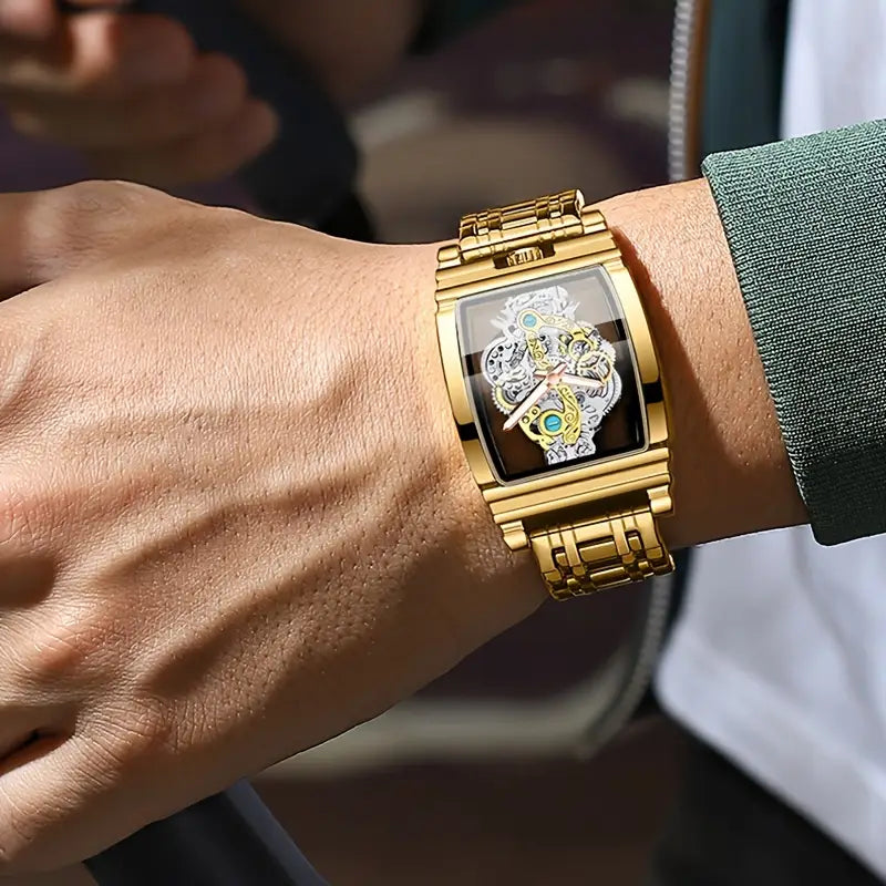 Men's Luxury Quartz Watch with Folding Clasp - Sleek, Hollow-Out Design, Luminous Dial, Stainless Steel Band