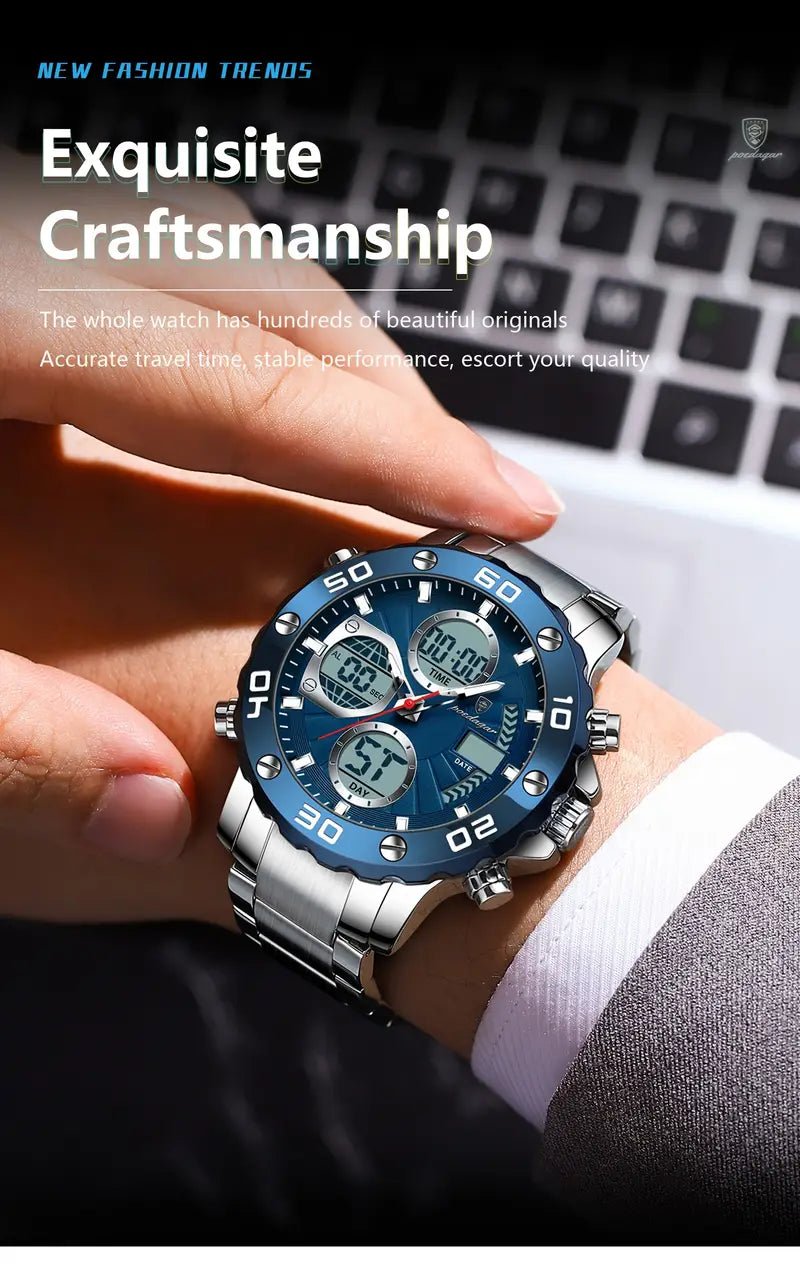 POEDAGAR Men'S Sports Watch, Stainless Steel Band, 3ATM, Digital Display, Alarm, Chronograph, Calendar, Multi-Function, Battery Powered, Non-Rechargeable, Alloy Case, Electronic Movement