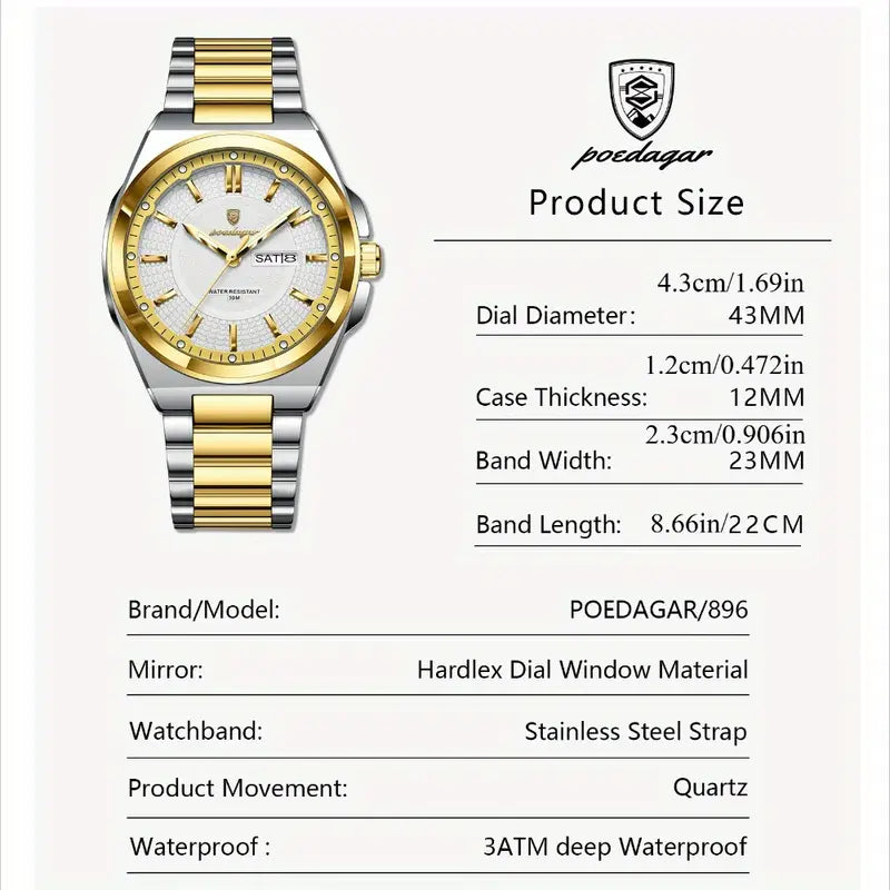 POEDAGAR Light Luxury Steady Handsome Men's Watch Fashionable Simple Sturdy Precise Youth Men's Watch Social Workplace Wear Waterproof Calendar Cycle Display Stainless Steel Quartz Watch