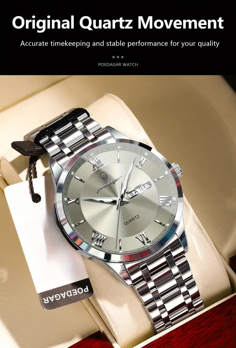 Men'S Quartz Watch | Stainless Steel & Zinc Alloy | 3ATM | Business Casual Style | Green Dial with Golden-Tone Accents | Pointer Display | Battery-Powered, No Battery Included