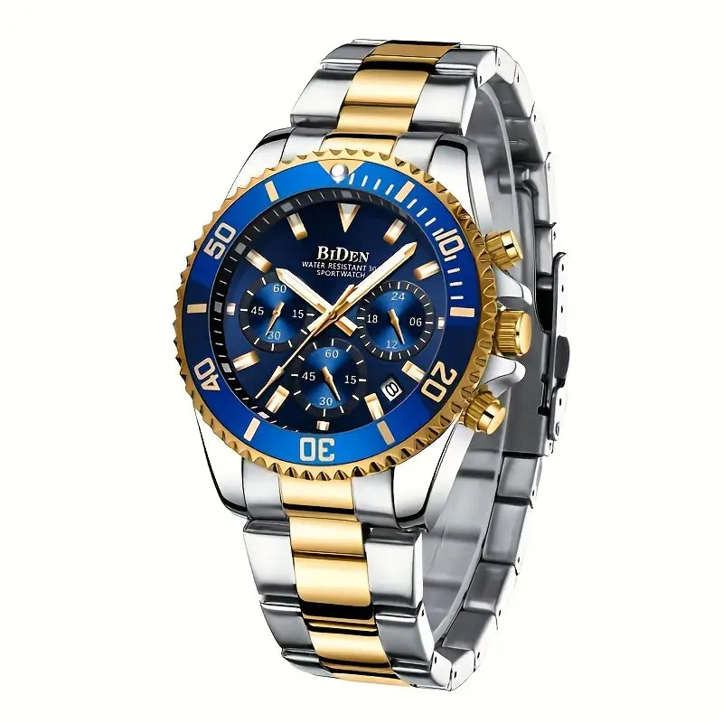 Luxury Stainless Steel Dive-Style Watch for Teens & Young Adults - 43 MM Analog Quartz Chronograph, 1181.1 inch Waterproof Fashion 'S Casual Watch with Blue & Golden Tone Strap, Business Style, Electronic Movet, Pointer Display, Quartz Watche