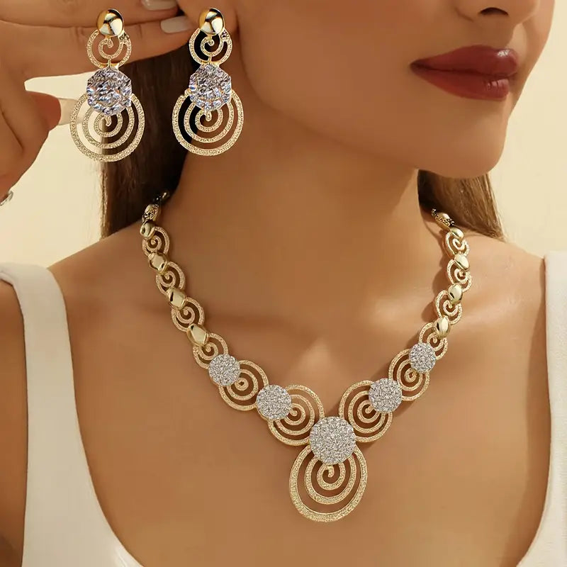 3pcs Rhinestone Golden Plated Necklace Earrings Set Women's Wedding Jewelry Vortex Necklace Earrings Gift Middle Eastern Jewelry