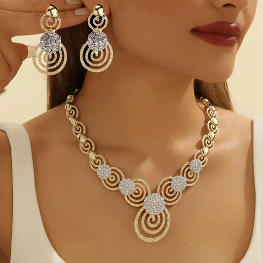 3pcs Rhinestone Golden Plated Necklace Earrings Set Women's Wedding Jewelry Vortex Necklace Earrings Gift Middle Eastern Jewelry