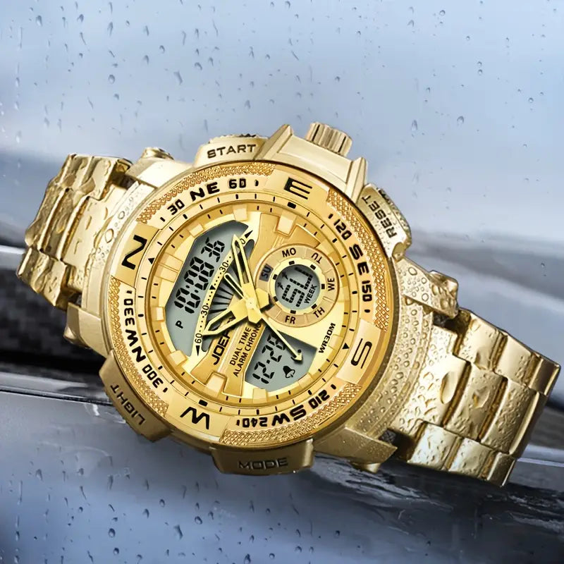 Men'S Golden-Tone Sports Watch with Stainless Steel Band, Dual Display (Analog & Digital), Alarm Clock, Stopwatch, and Glow Feature - Versatile Multifunctional Electronic Watch for Casual or Active Wear