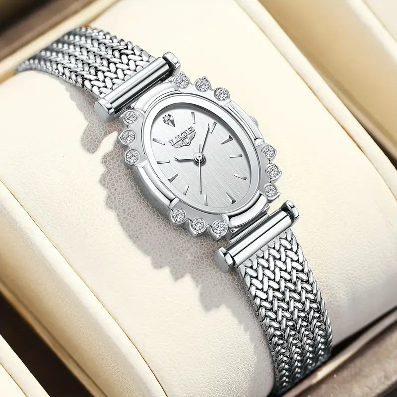LIGE Elegant Women'S Quartz Watch - Golden Silvery Bracelet, Classic Oval Dial Minimalist Dial for Everyday & Formal Wear - Luxury Watch Gift for Men/Women Birthday, Anniversary, Wedding occasions