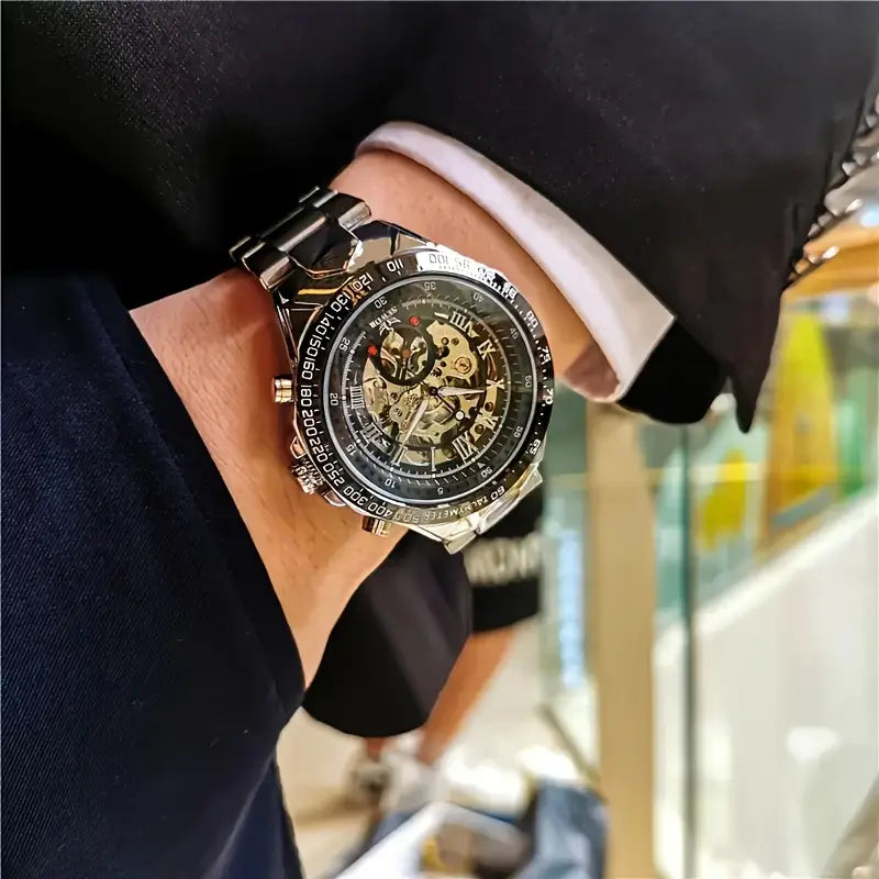 Luxury Business Style Men'S Watch, Hollow Dial, Mechanical Self-Winding, Round Alloy Case, Multifunctional Calendar, Stylish Personalized Wristwatch, Perfect Gift - 2172.139h, Without Battery