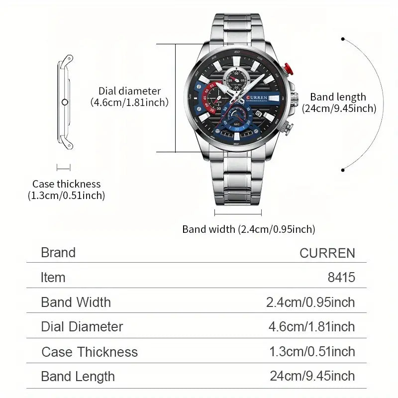 CURREN 'S Luxury Stainless Steel Business Watch with Luminous Hands, Date Display, And Multi-Function Timer - Black Dial, Red Accents, Quartz Movet, Battery-Powered, Stylish for Outdoor Parties, Party Accessory, Sophisticated Design, Durable Watch