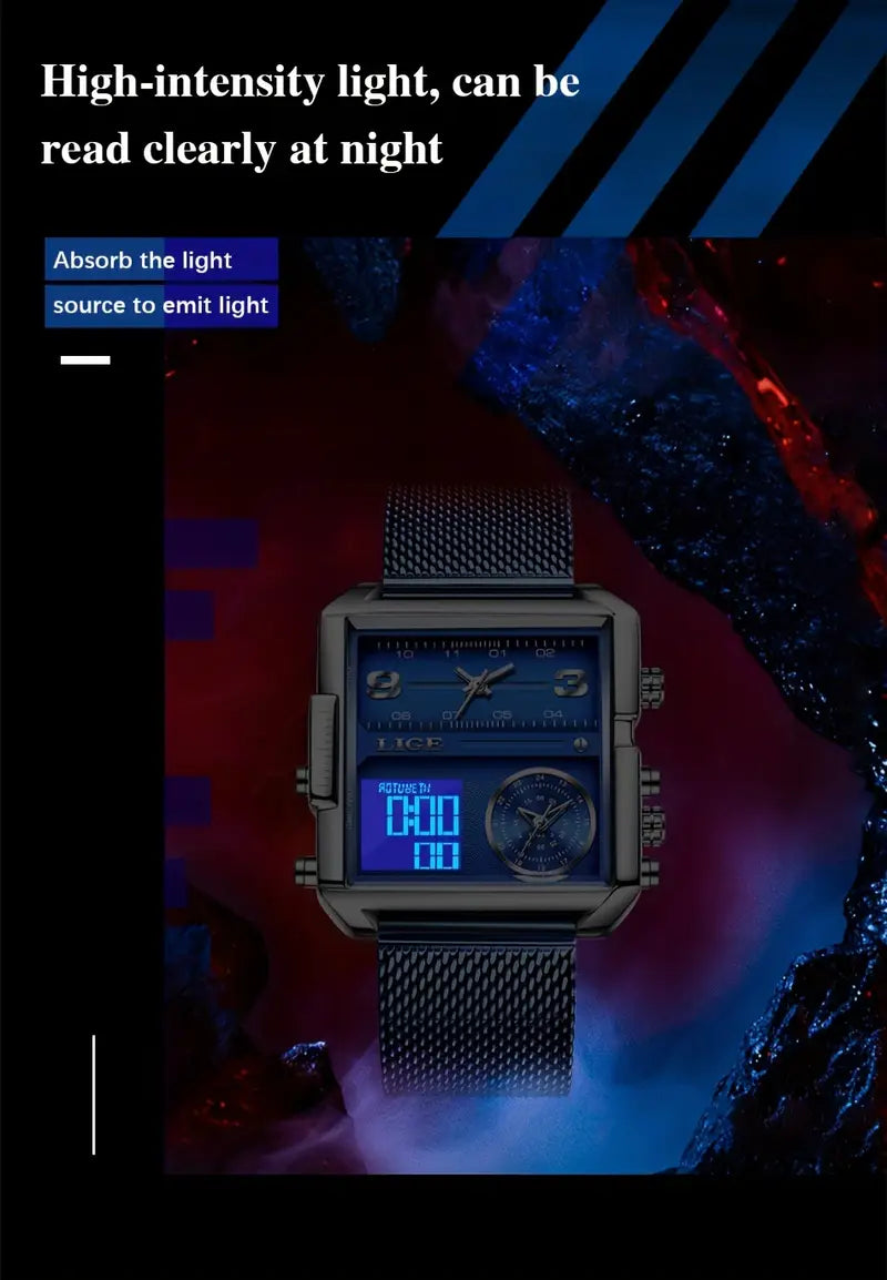 LIGE Men'S Quartz Digital Dual Display Timepiece with Mesh Strap, Square Case, Multi-Functional Design, Ideal for Students with Alarm Feature