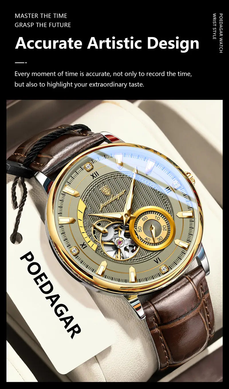 Poedagar Fashion Luxury Men'S Mechanical Watch, High-end Versatile, Waterproof Night Light Men'S Watch Hollow Turbine Automatic Mechanical Watch, Without Battery