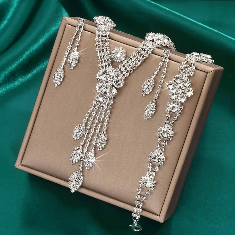 1 Necklace + 1 Pair of Earrings + 1 Bracelet New Simple Fashion Wedding Bridal Set Korean Style Jewelry Neck Chain