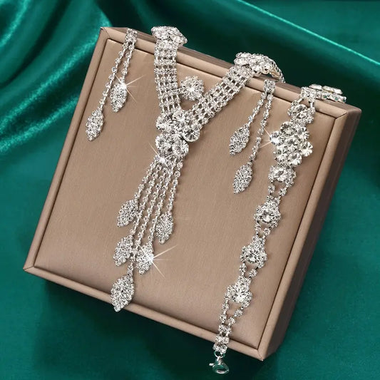 1 Necklace + 1 Pair of Earrings + 1 Bracelet New Simple Fashion Wedding Bridal Set Korean Style Jewelry Neck Chain