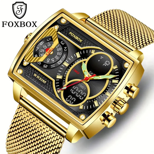 FOXBOX Elegant Women's Watch with Stainless Steel Mesh Strap, Dual Time Zone Display, Luminous Black Dial, Golden-Tone Square Case, IP68 High Quality, Quartz Movement, Bling Watch, Luxury Timepiece, Sleek Square Design, Durable Timepiece