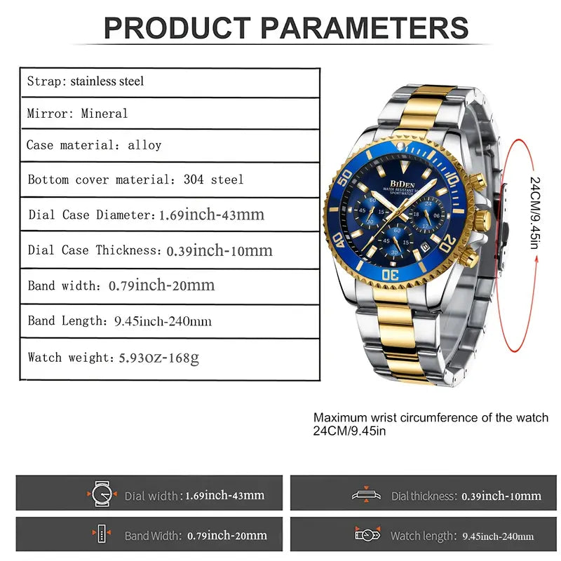 Luxury Stainless Steel Dive-Style Watch for Teens & Young Adults - 43 MM Analog Quartz Chronograph, 1181.1 inch Waterproof Fashion 'S Casual Watch with Blue & Golden Tone Strap, Business Style, Electronic Movet, Pointer Display, Quartz Watche