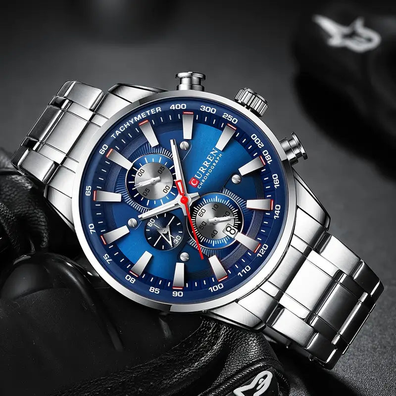 The CURREN Fashion Sports Chronograph Watch Features A Date And Luminous Hands, With A Large Dial Quartz Wristwatch.