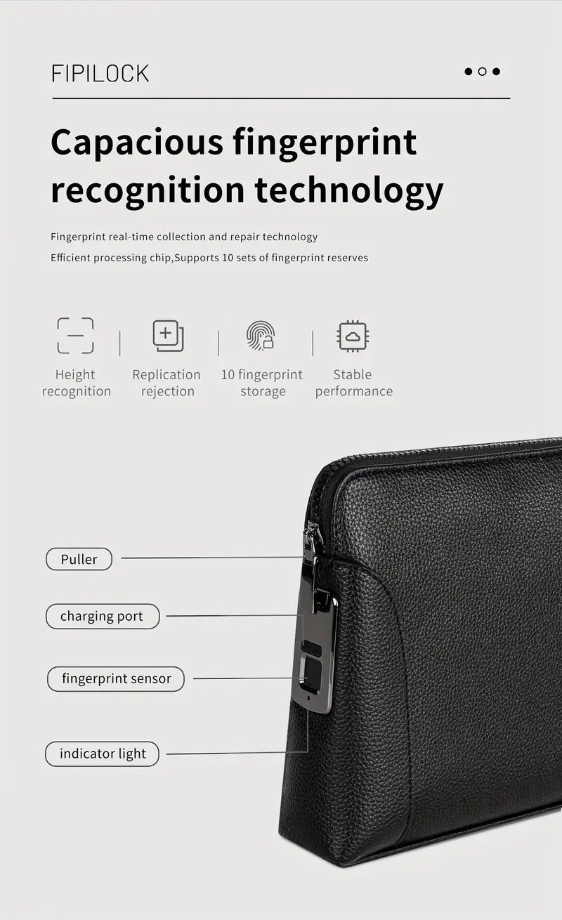 Unisex Fingerprint Lock Bag High Quality Genuine Leather Clutch Bag Smart Safe with Anti-theft function Finger print unlock gift for boyfriend
