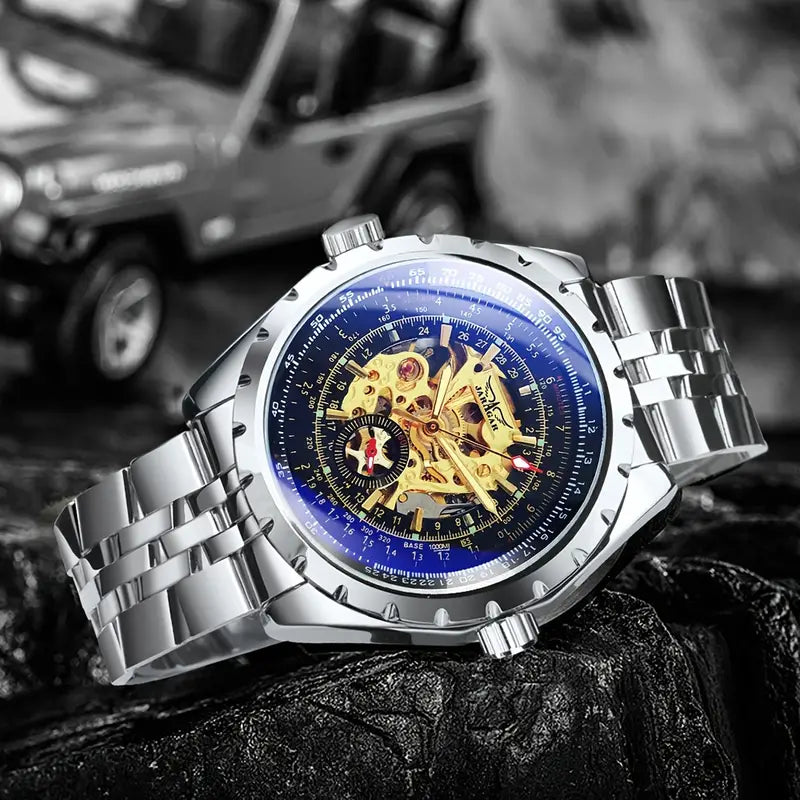 Men'S Fashion Sports Transparent Hollow Automatic Mechanical Watch Luminous Pointer Silveryy Luxury Stainless Steel Strap Business Casual Wristwatch Anniversary Birthday Holiday Gift, Without Battery