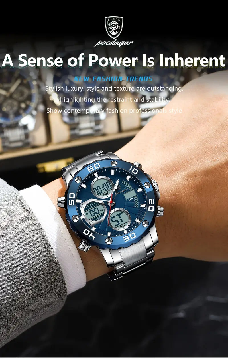POEDAGAR Men'S Sports Watch, Stainless Steel Band, 3ATM, Digital Display, Alarm, Chronograph, Calendar, Multi-Function, Battery Powered, Non-Rechargeable, Alloy Case, Electronic Movement