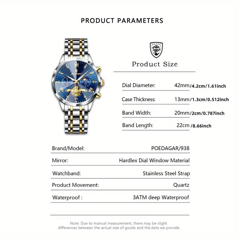 POEDAGAR 's Stainless Steel Watch with Chronograph, Date Display & Night Light - 3ATM High Quality Quartz Movet, Blue Dial & Golden Markers, Casual Style for Casual Attire, Luxury Timepiece, Sophisticated Design, Complicated Movet, Polished Finish