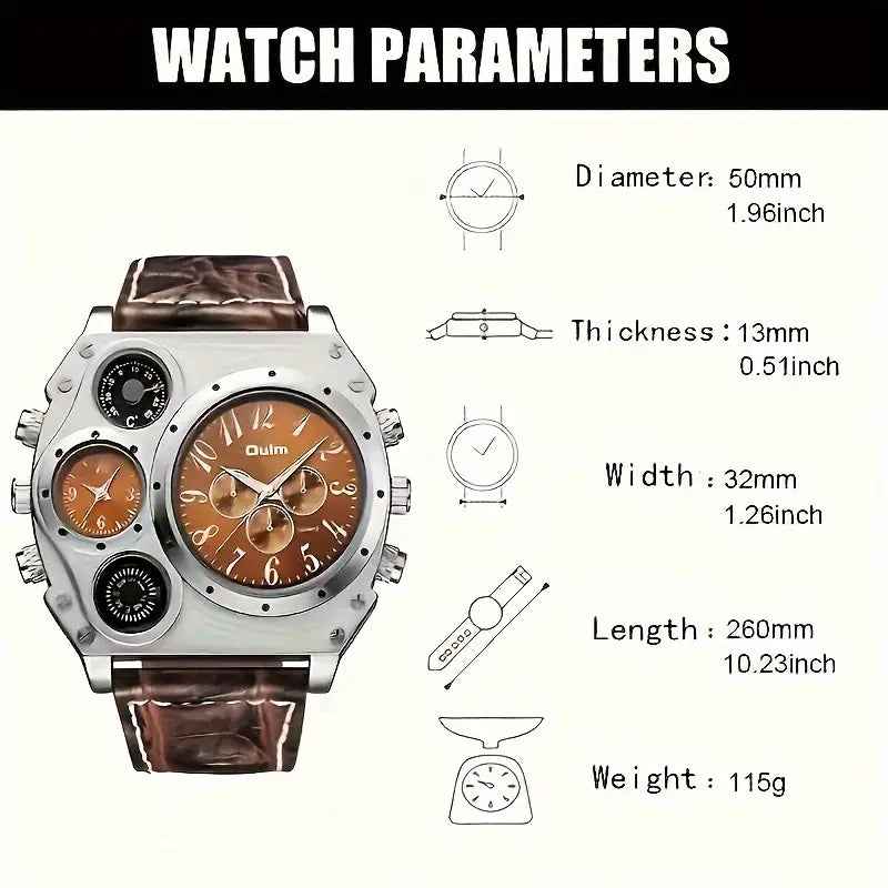 Men's Large Dial Dual Time Zone Sports Watch with Compass, Stainless Steel Case, Brown Faux Leather Strap - Fashionable Multifunctional Quartz Wristwatch, Ideal Gift, Watch Accessories