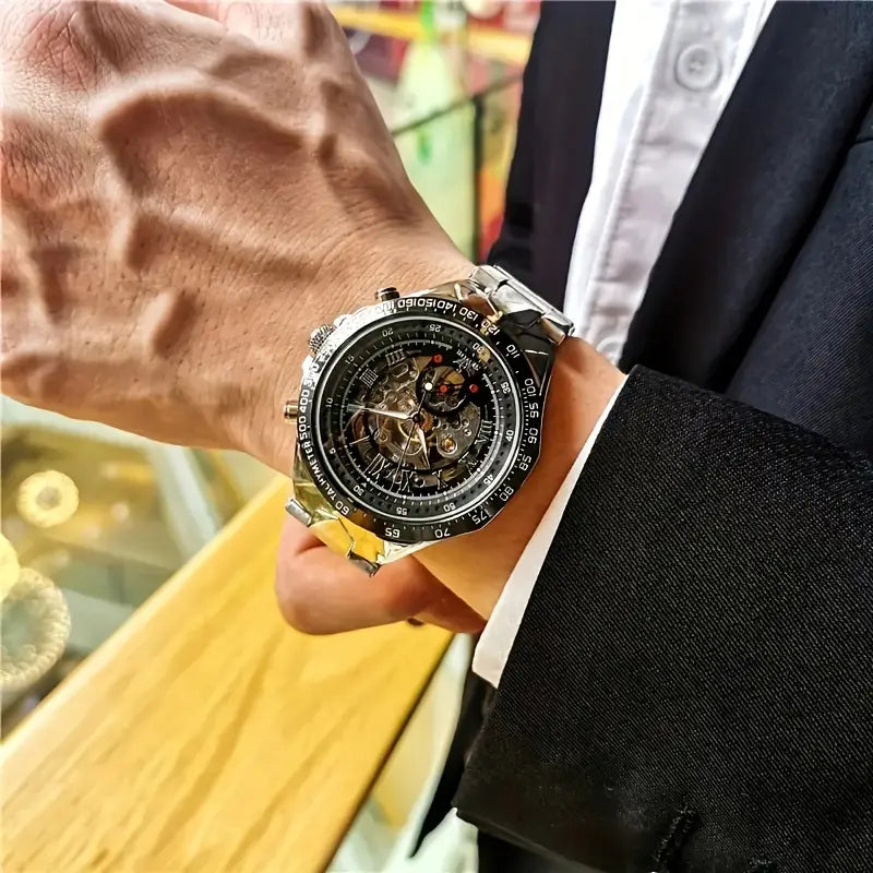 Luxury Business Style Men'S Watch, Hollow Dial, Mechanical Self-Winding, Round Alloy Case, Multifunctional Calendar, Stylish Personalized Wristwatch, Perfect Gift - 2172.139h, Without Battery