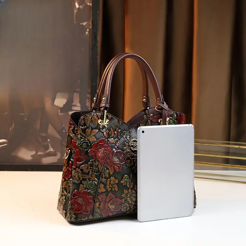 Vintage Floral Handbag for Wo, Adjustable Strap, Zipper Closure, Polyester Lined, Edge Painted, Classic Luxury Handbag