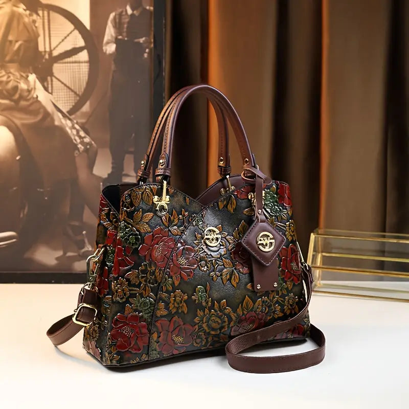 Vintage Floral Handbag for Wo, Adjustable Strap, Zipper Closure, Polyester Lined, Edge Painted, Classic Luxury Handbag
