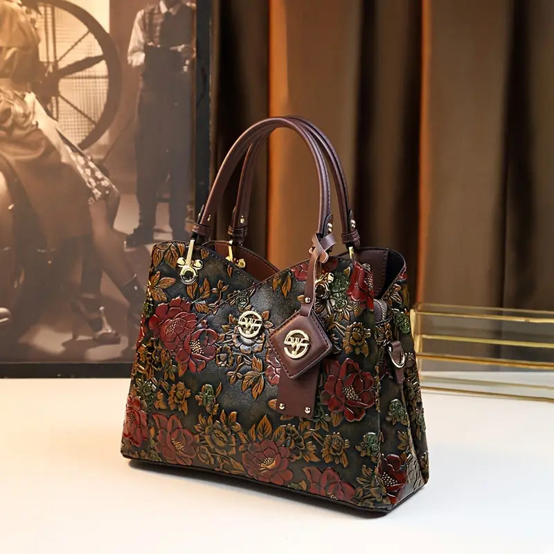 Vintage Floral Handbag for Wo, Adjustable Strap, Zipper Closure, Polyester Lined, Edge Painted, Classic Luxury Handbag