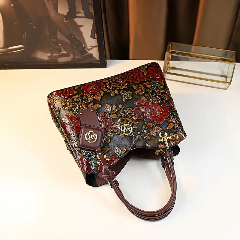 Vintage Floral Handbag for Wo, Adjustable Strap, Zipper Closure, Polyester Lined, Edge Painted, Classic Luxury Handbag