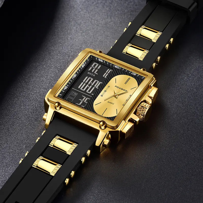 FOXBOX Brand Ladies Electronic Watch, Square Dual Screen, Multifunctional, Sports, Chronograph, Alarm Clock, Luminous, Fashion, Zinc Alloy Case, Silicone Band, Digital Movement, with Button Battery (Diameter＜20mm), Non-rechargeable